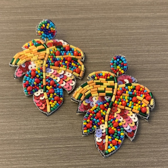 Sewn Seed bead Sequins Large Colorful Leaf Earrings - Picture 1 of 5